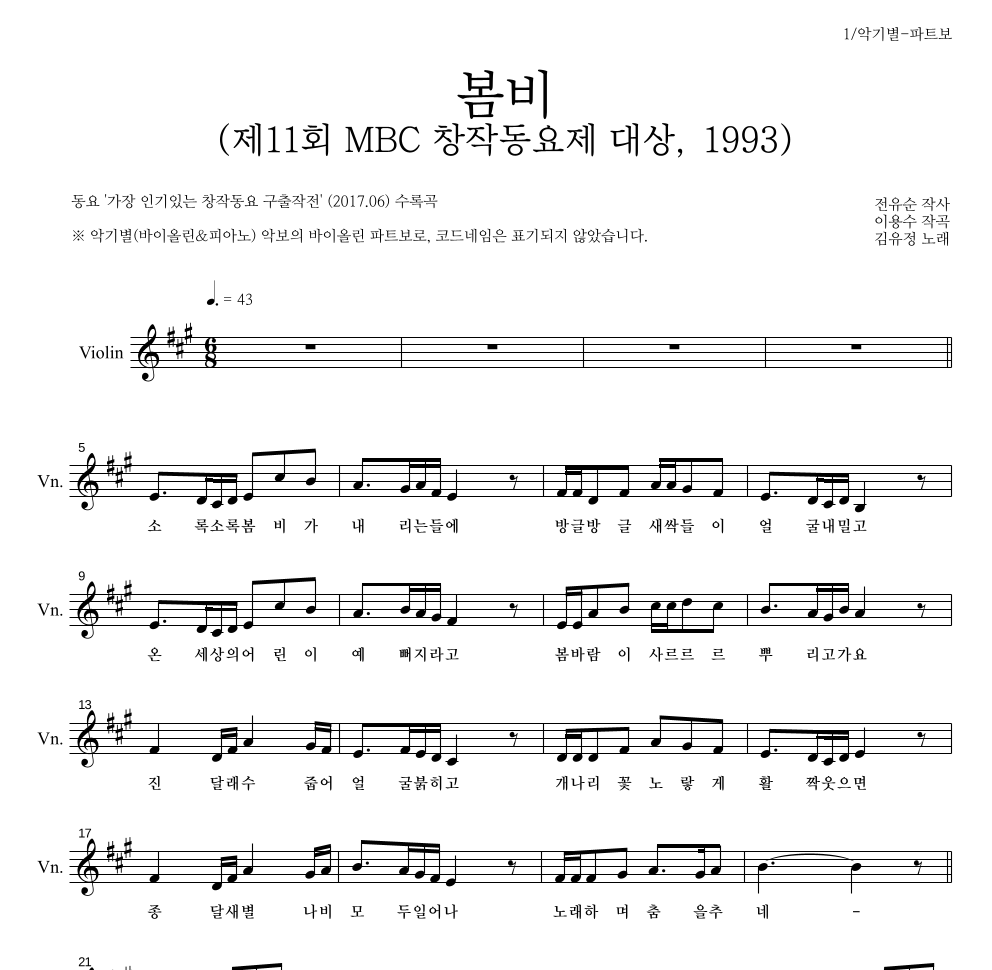 동요 - 봄비 (제11회 MBC 창작동요제 대상, 1993) 바이올린 파트보 악보 