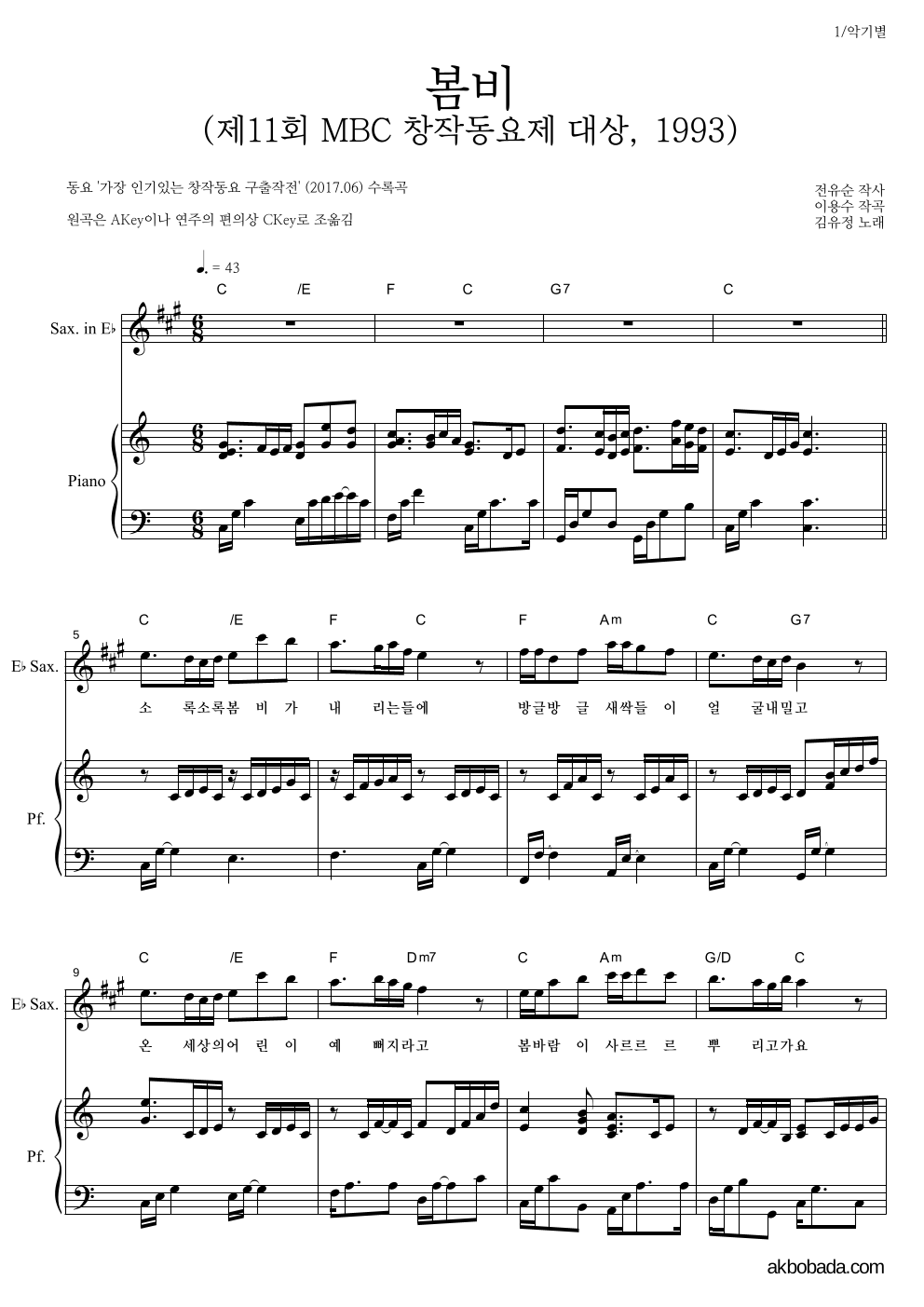 동요 - 봄비 (제11회 MBC 창작동요제 대상, 1993) Eb색소폰&피아노 악보 