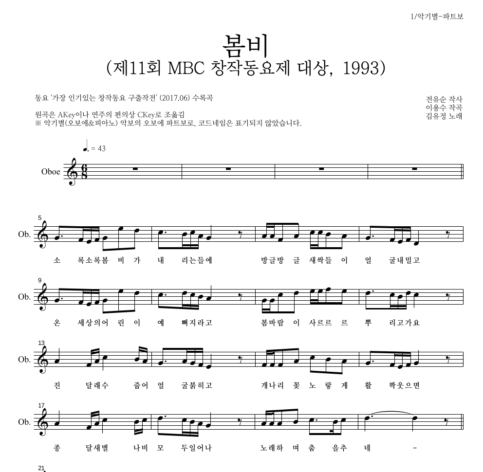 동요 - 봄비 (제11회 MBC 창작동요제 대상, 1993) 오보에 파트보 악보 