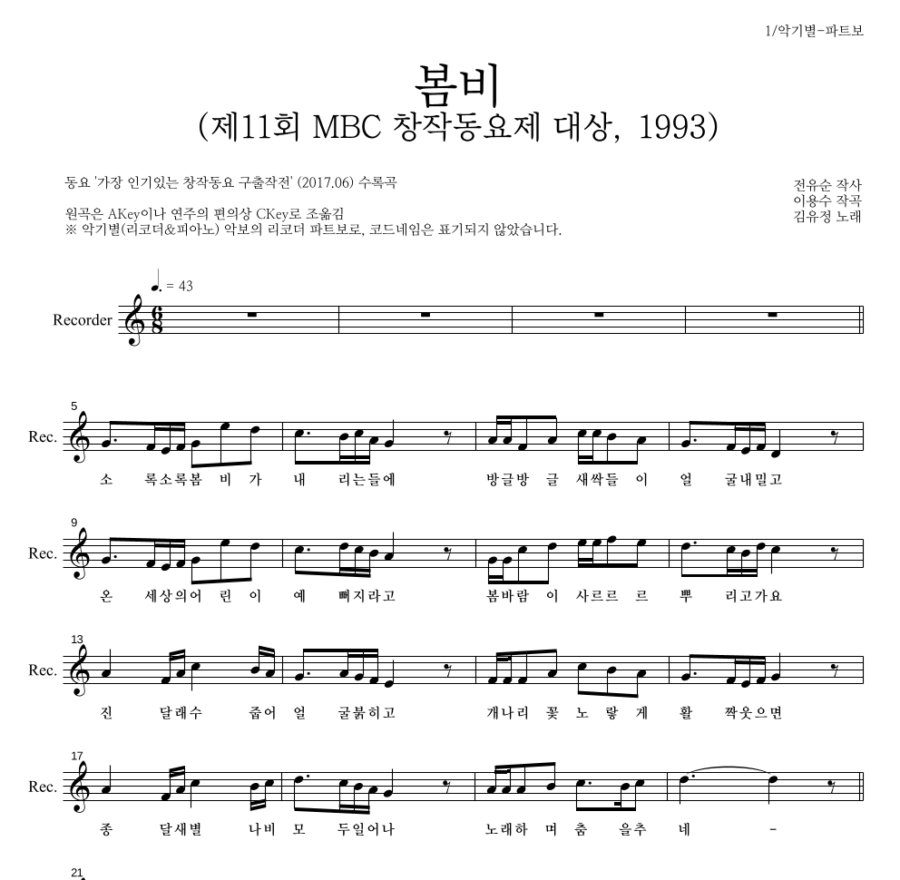 동요 - 봄비 (제11회 MBC 창작동요제 대상, 1993) 리코더 파트보 악보 