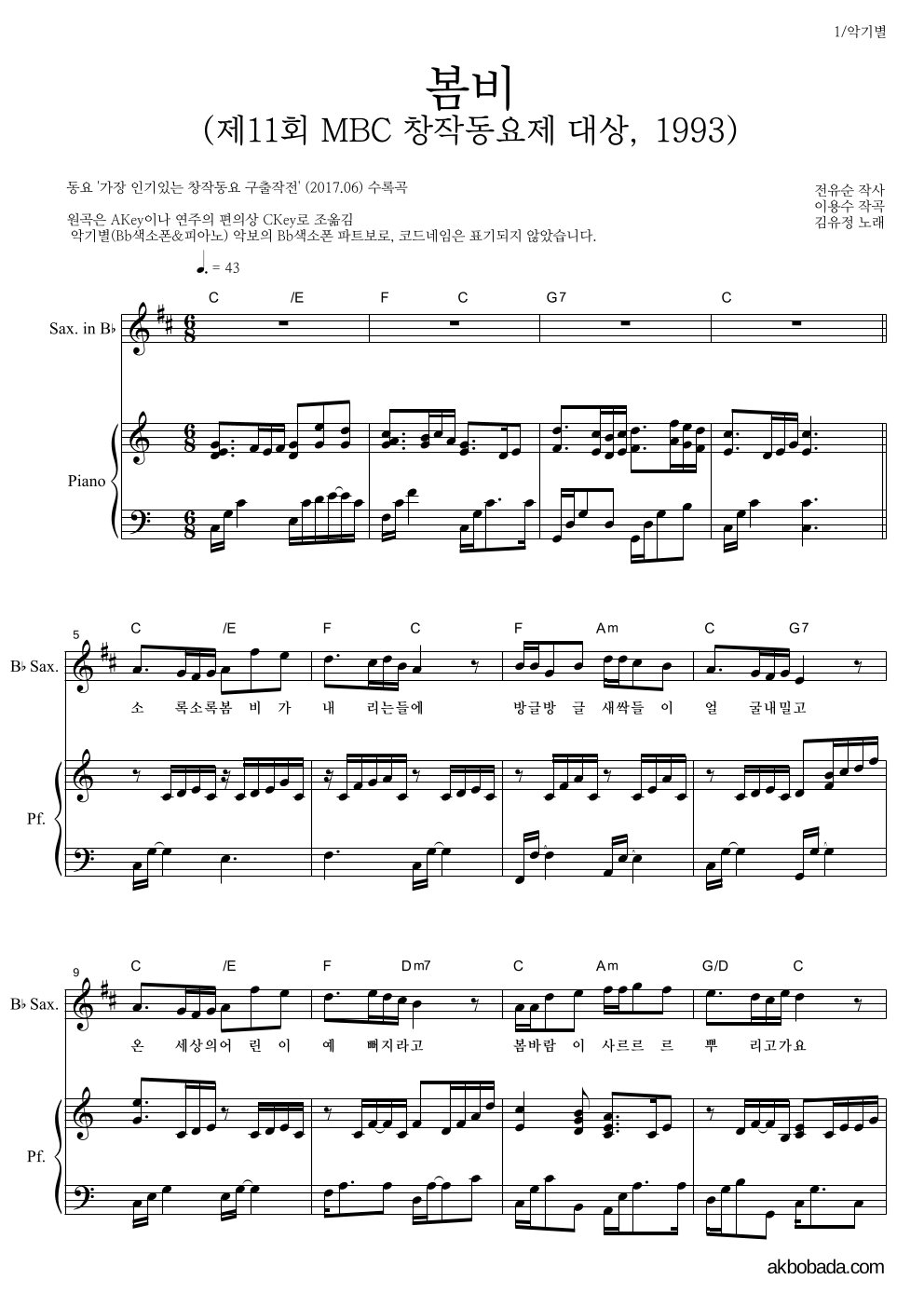 동요 - 봄비 (제11회 MBC 창작동요제 대상, 1993) Bb색소폰&피아노 악보 