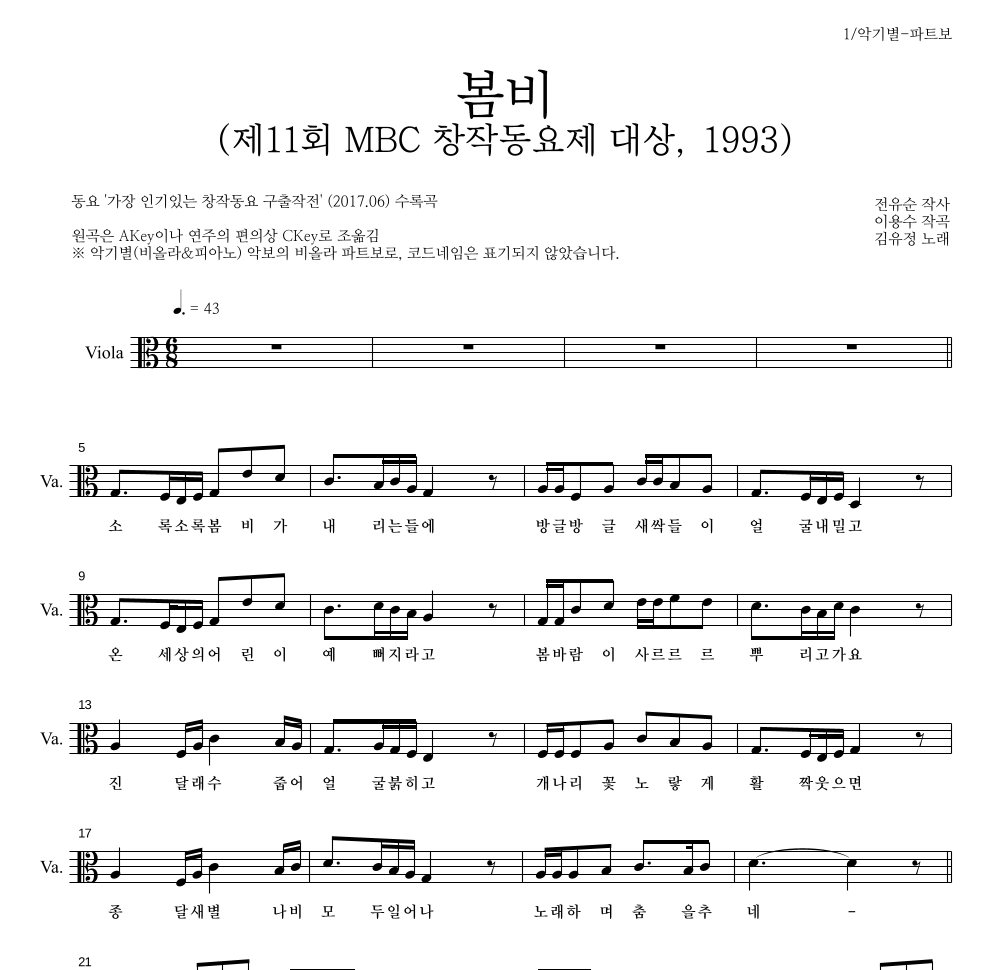 동요 - 봄비 (제11회 MBC 창작동요제 대상, 1993) 비올라 파트보 악보 