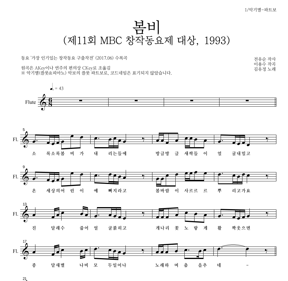 동요 - 봄비 (제11회 MBC 창작동요제 대상, 1993) 플룻 파트보 악보 