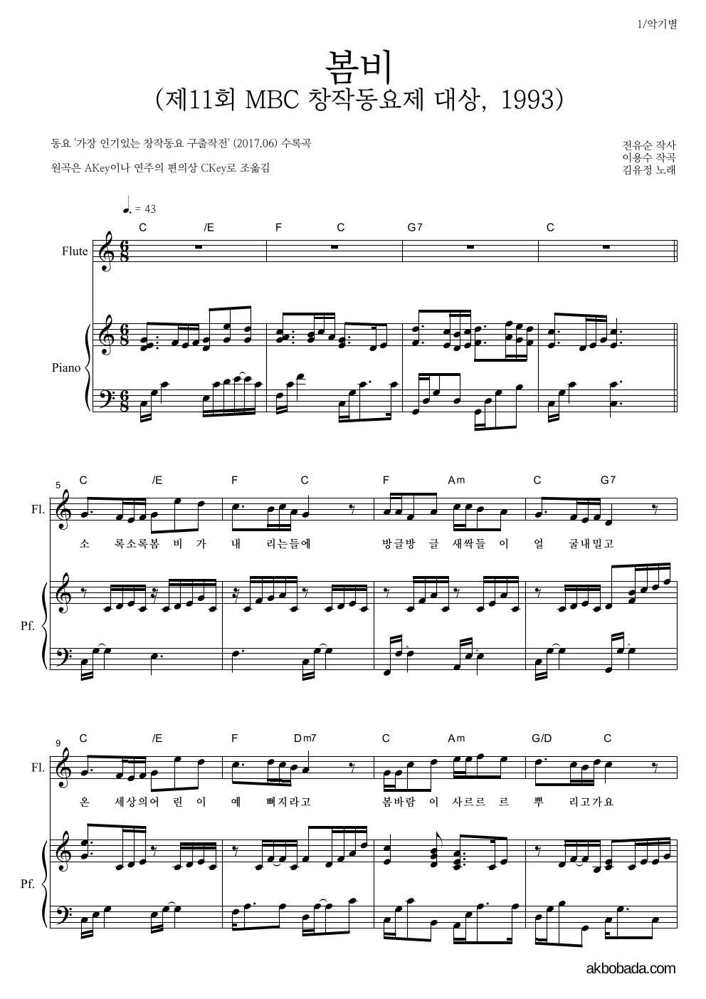 동요 - 봄비 (제11회 MBC 창작동요제 대상, 1993) 플룻&피아노 악보 