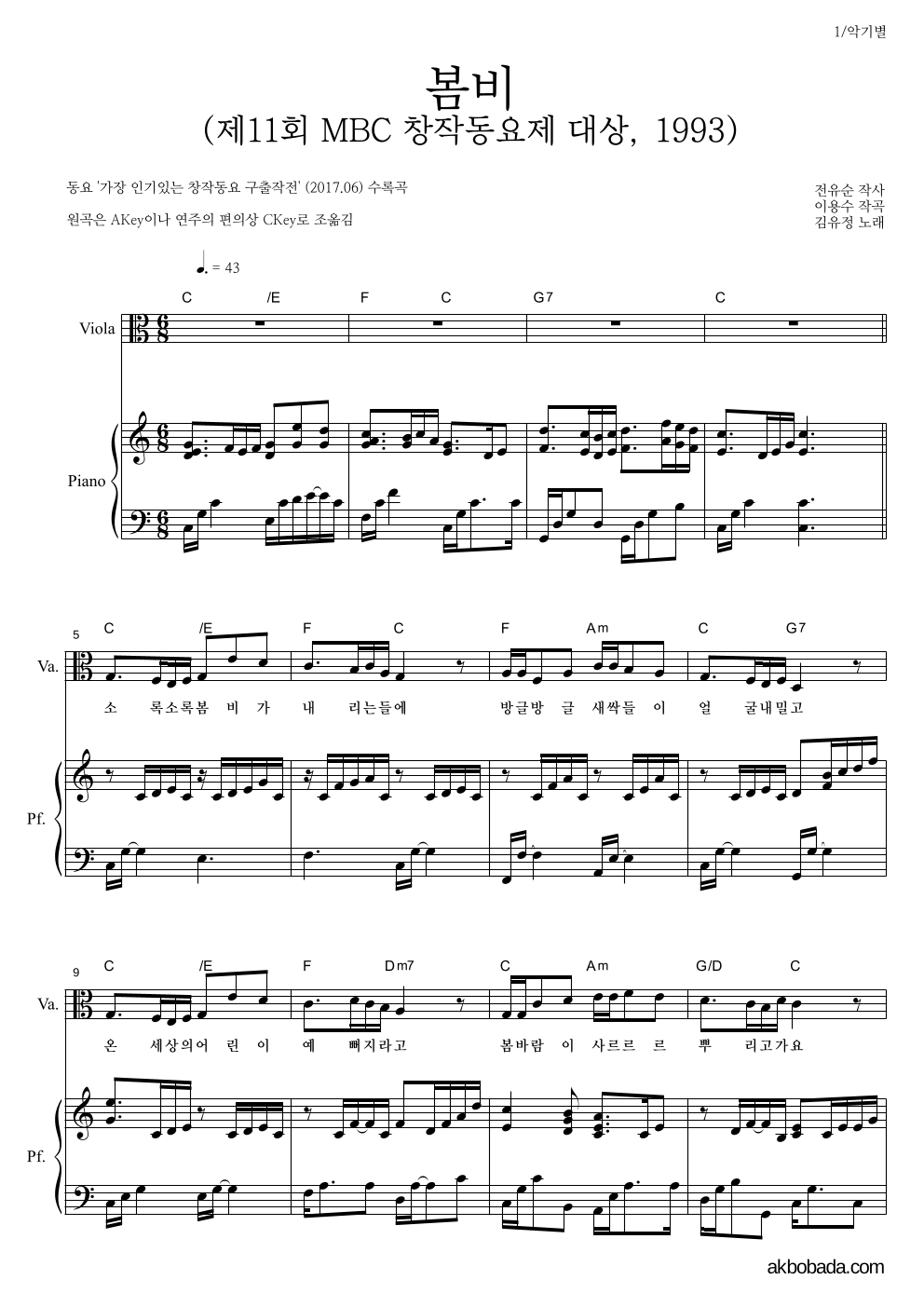 동요 - 봄비 (제11회 MBC 창작동요제 대상, 1993) 비올라&피아노 악보 