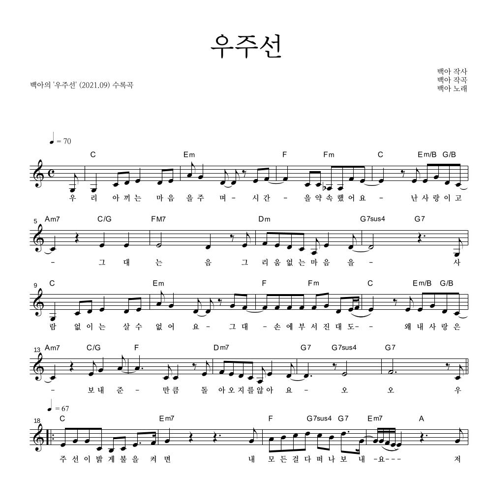 백아 - 우주선 멜로디 악보 