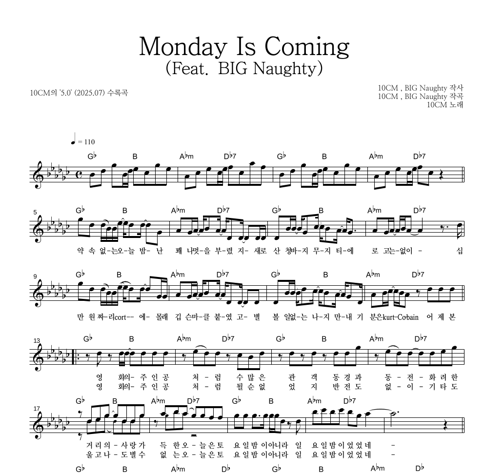 10CM - Monday Is Coming(Feat. BIG Naughty) 멜로디 악보 