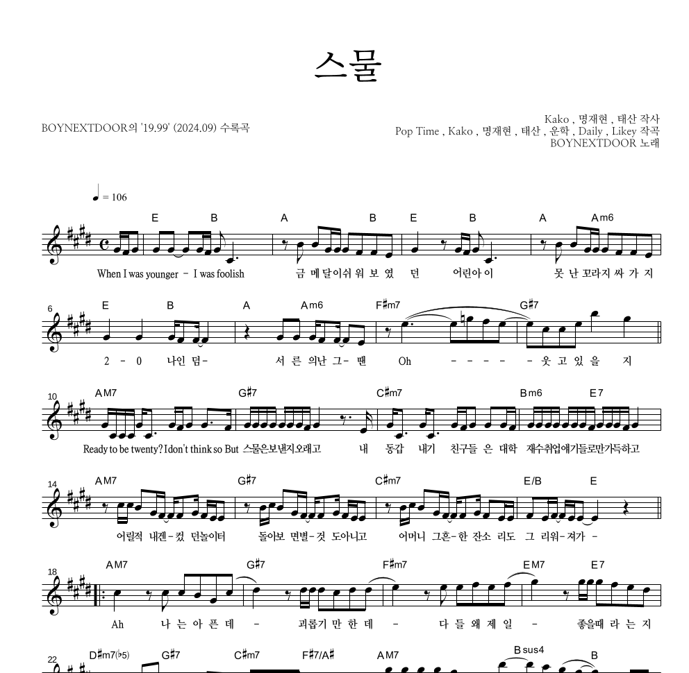BOYNEXTDOOR - 스물 멜로디 악보 