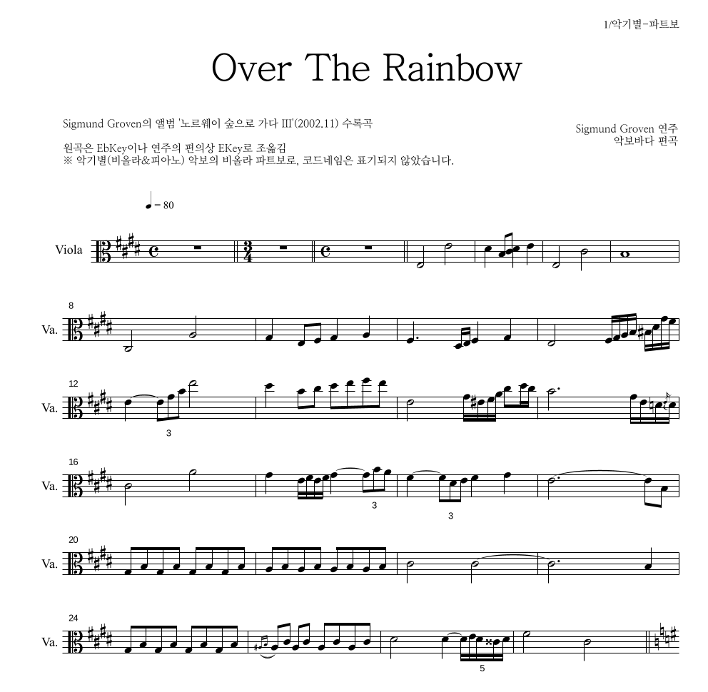 Sigmund Groven - Over the rainbow 비올라 파트보 악보 