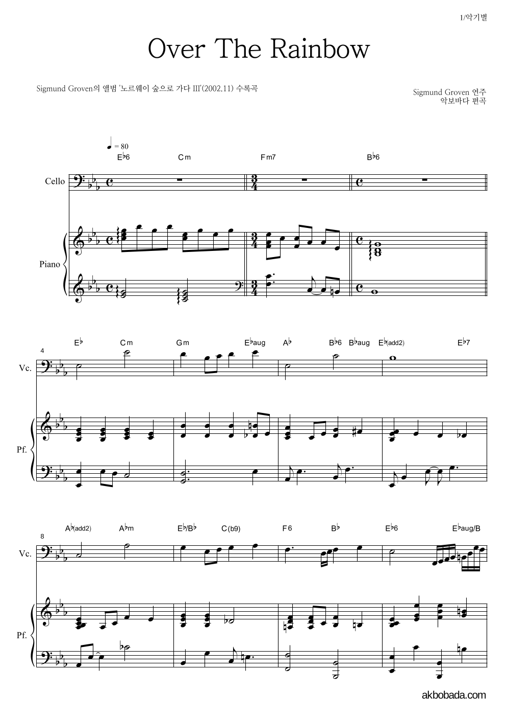 Sigmund Groven - Over the rainbow 첼로&피아노 악보 