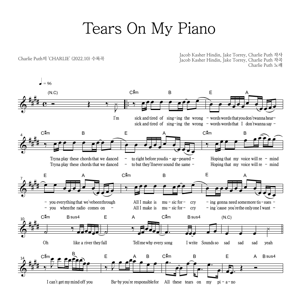 Charlie Puth - Tears On My Piano 멜로디 악보 