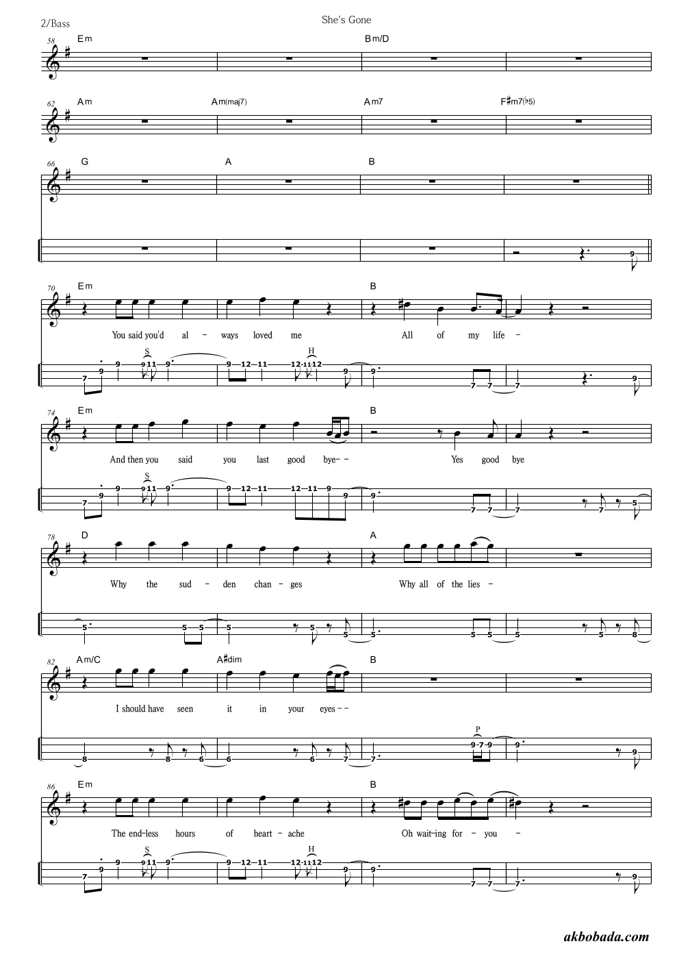 Black Sabbath - She's Gone 베이스(Tab) 악보 