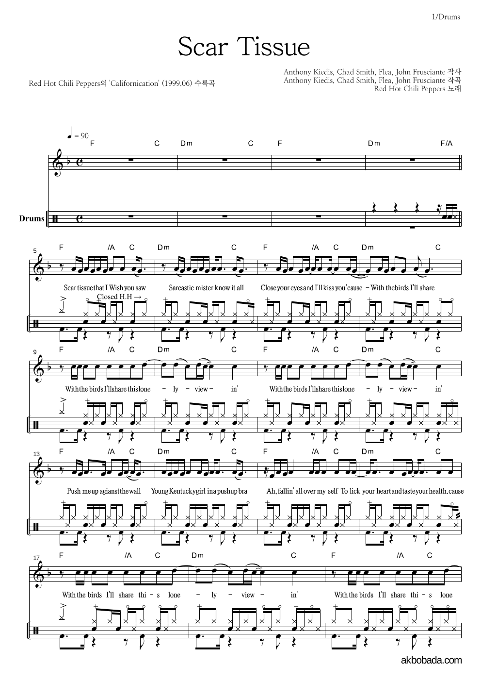 Red Hot Chili Peppers - Scar Tissue 드럼 악보 