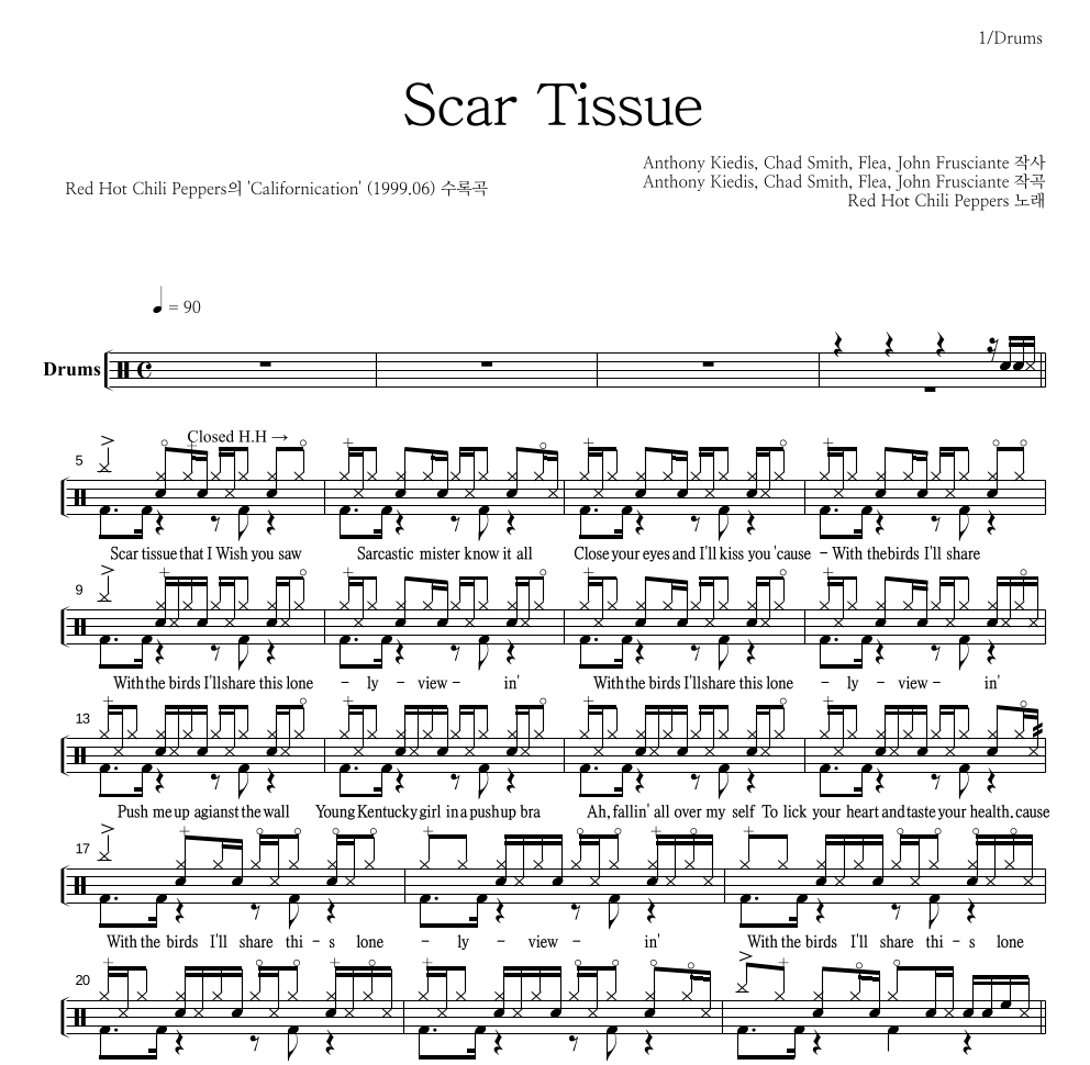 Red Hot Chili Peppers - Scar Tissue 드럼(Tab) 악보 