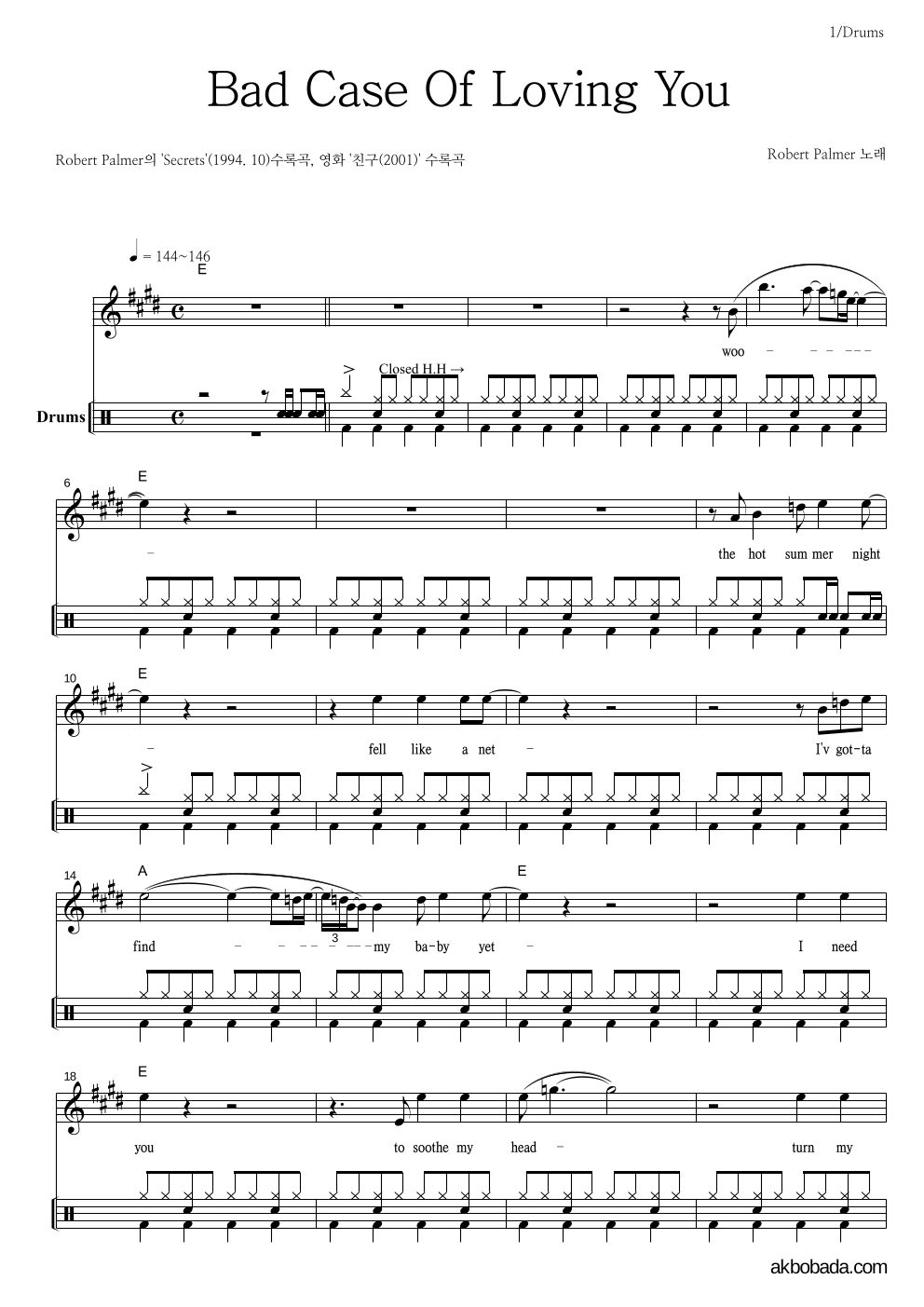 Robert Palmer - Bad Case Of Loving You 드럼 악보 