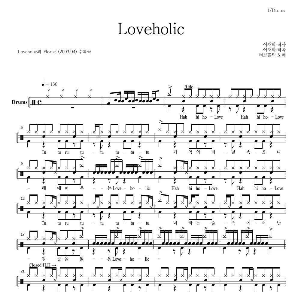 러브홀릭 - Loveholic 드럼(Tab) 악보 
