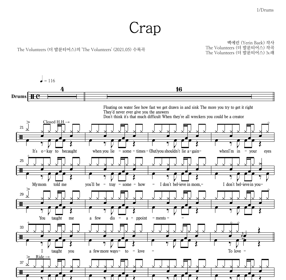 The Volunteers - Crap 드럼(Tab) 악보 