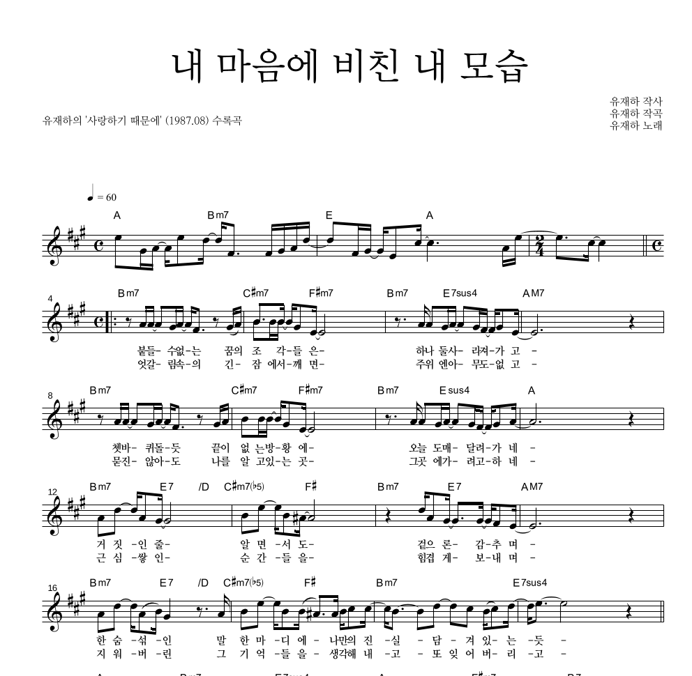 유재하 - 내 마음에 비친 내 모습 멜로디 악보 