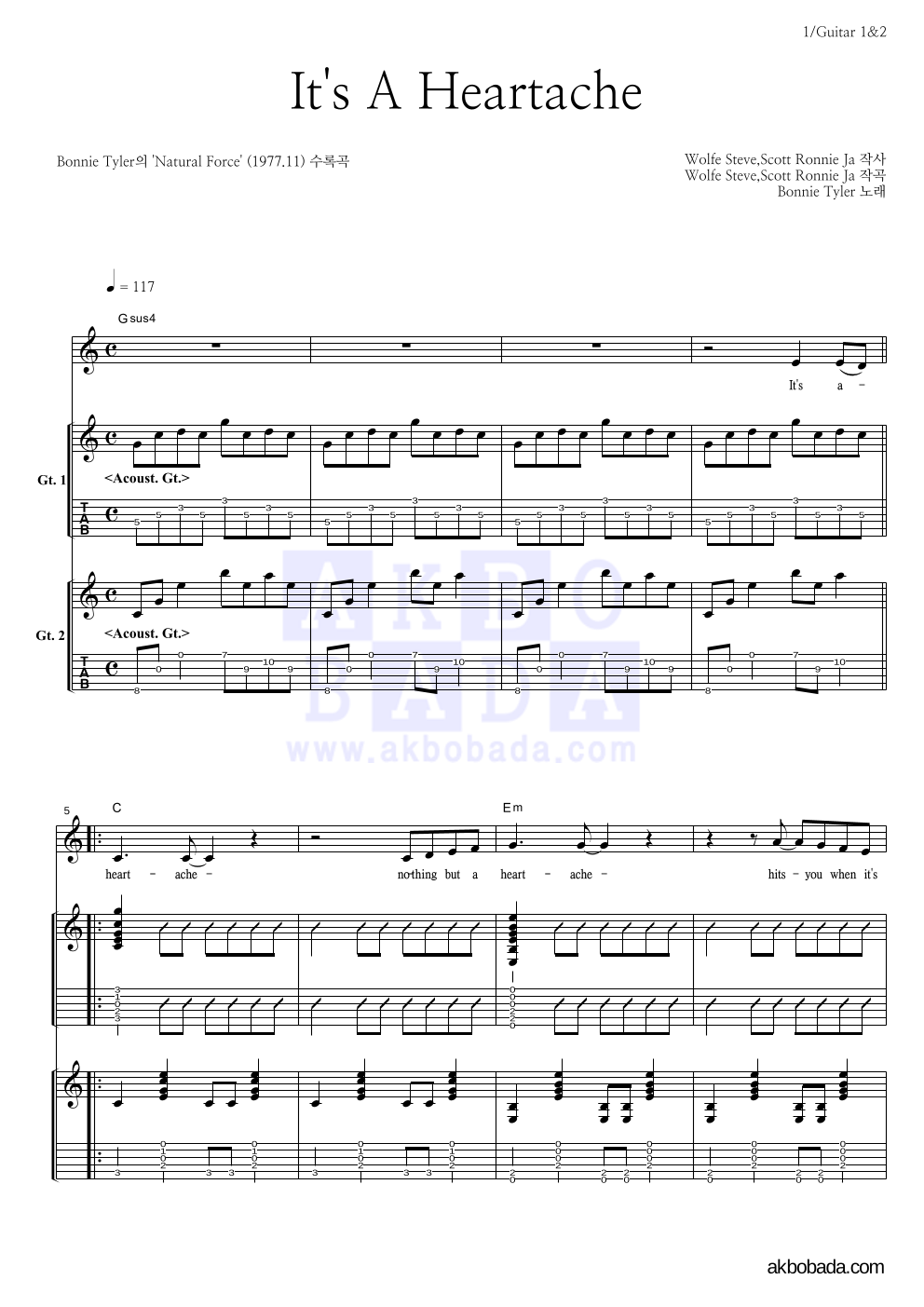 Bonnie Tyler - It's A Heartache 기타1,2 악보 