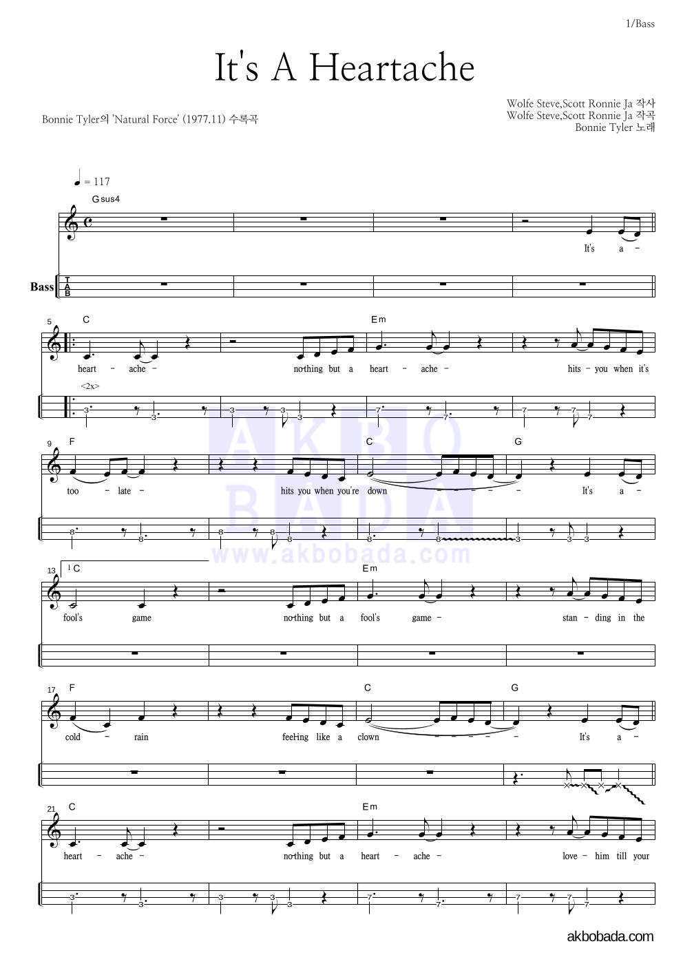 Bonnie Tyler - It's A Heartache 베이스(Tab) 악보 
