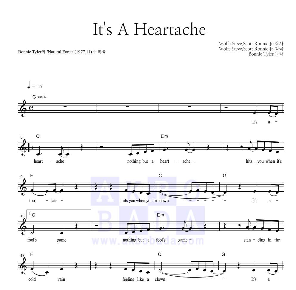 Bonnie Tyler - It's A Heartache 멜로디 악보 