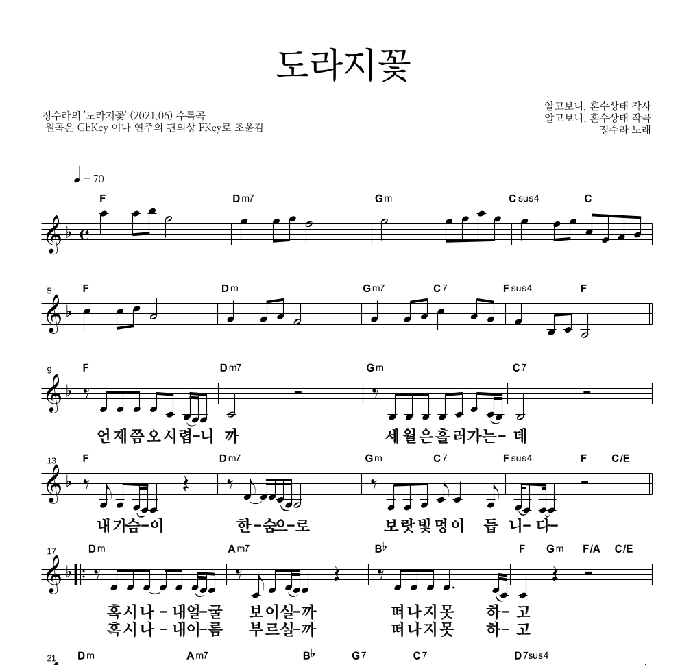 정수라 - 도라지꽃 멜로디 큰가사 악보 