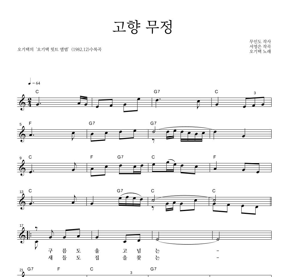 오기택 - 고향 무정 멜로디 악보 