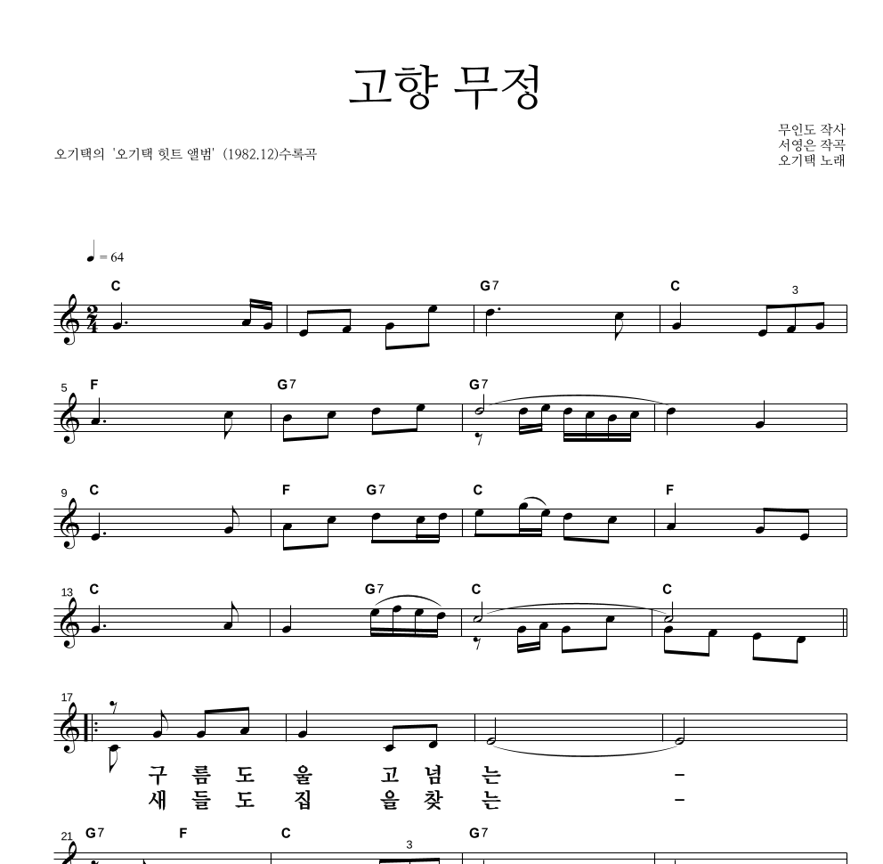 오기택 - 고향 무정 멜로디 큰가사 악보 