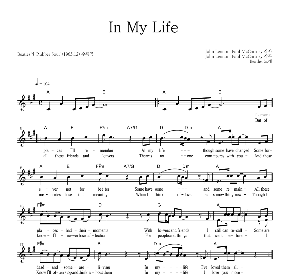 Beatles - In My Life 멜로디 악보 