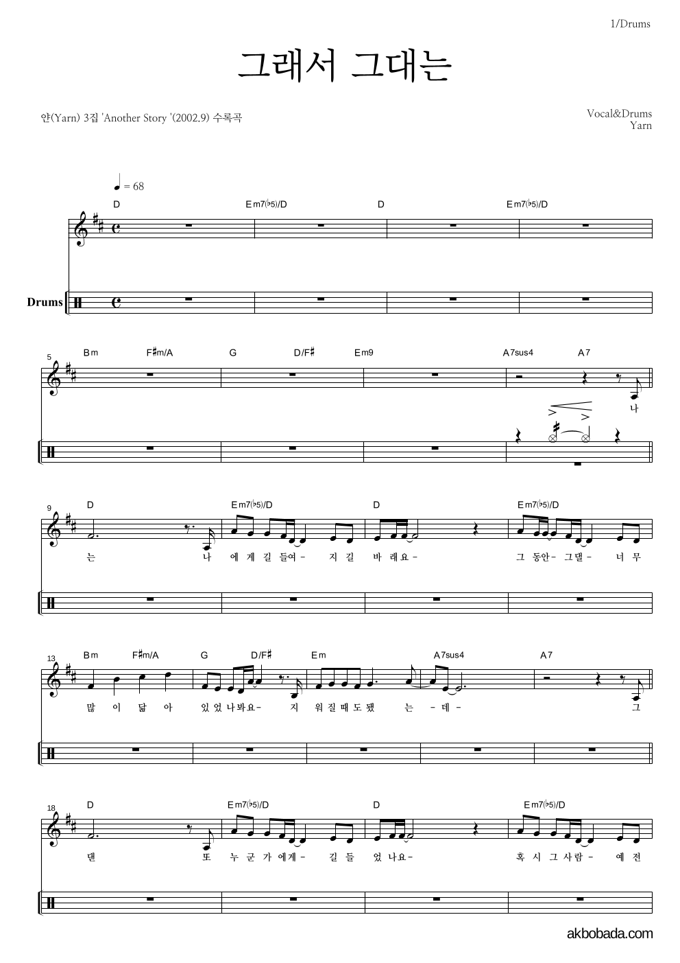 얀(Yarn) - 그래서 그대는 드럼 악보 