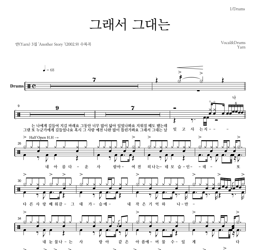 얀(Yarn) - 그래서 그대는 드럼(Tab) 악보 