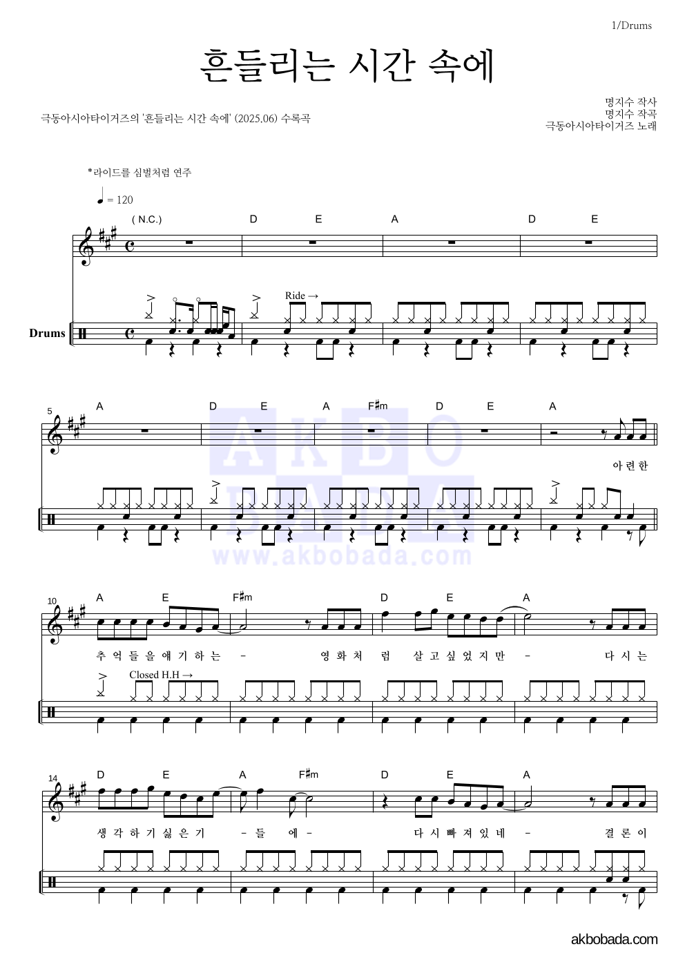 극동아시아타이거즈 - 흔들리는 시간 속에 드럼 악보 