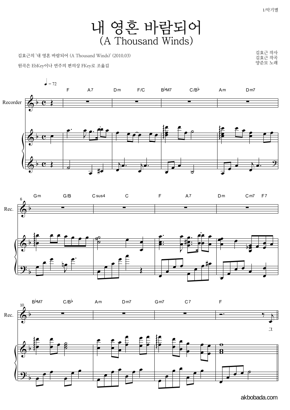 김효근,양준모 - 내 영혼 바람되어 (A Thousand Winds) 리코더&피아노 악보 