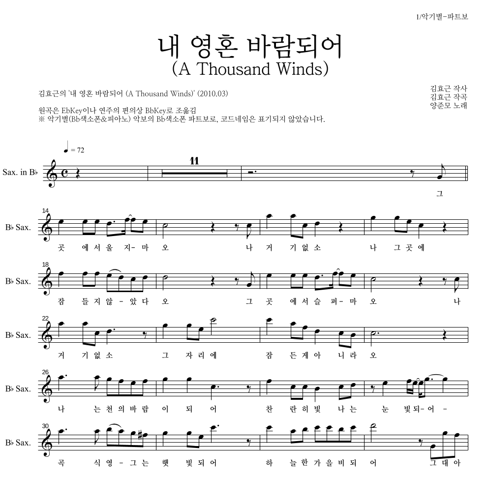 김효근,양준모 - 내 영혼 바람되어 (A Thousand Winds) Bb색소폰 파트보 악보 