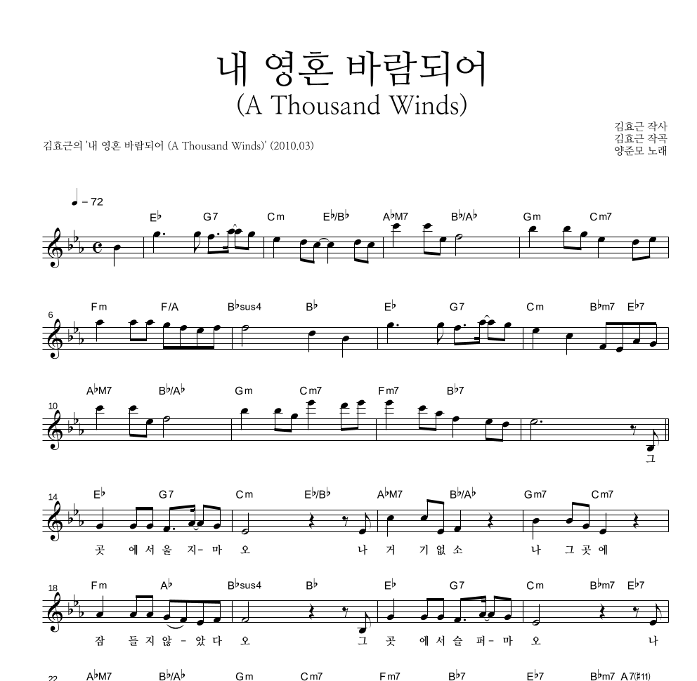 김효근,양준모 - 내 영혼 바람되어 (A Thousand Winds) 멜로디 악보 