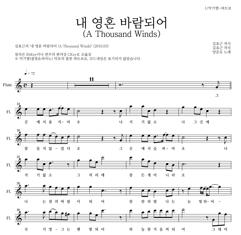김효근,양준모 - 내 영혼 바람되어 (A Thousand Winds) 플룻 파트보 악보 