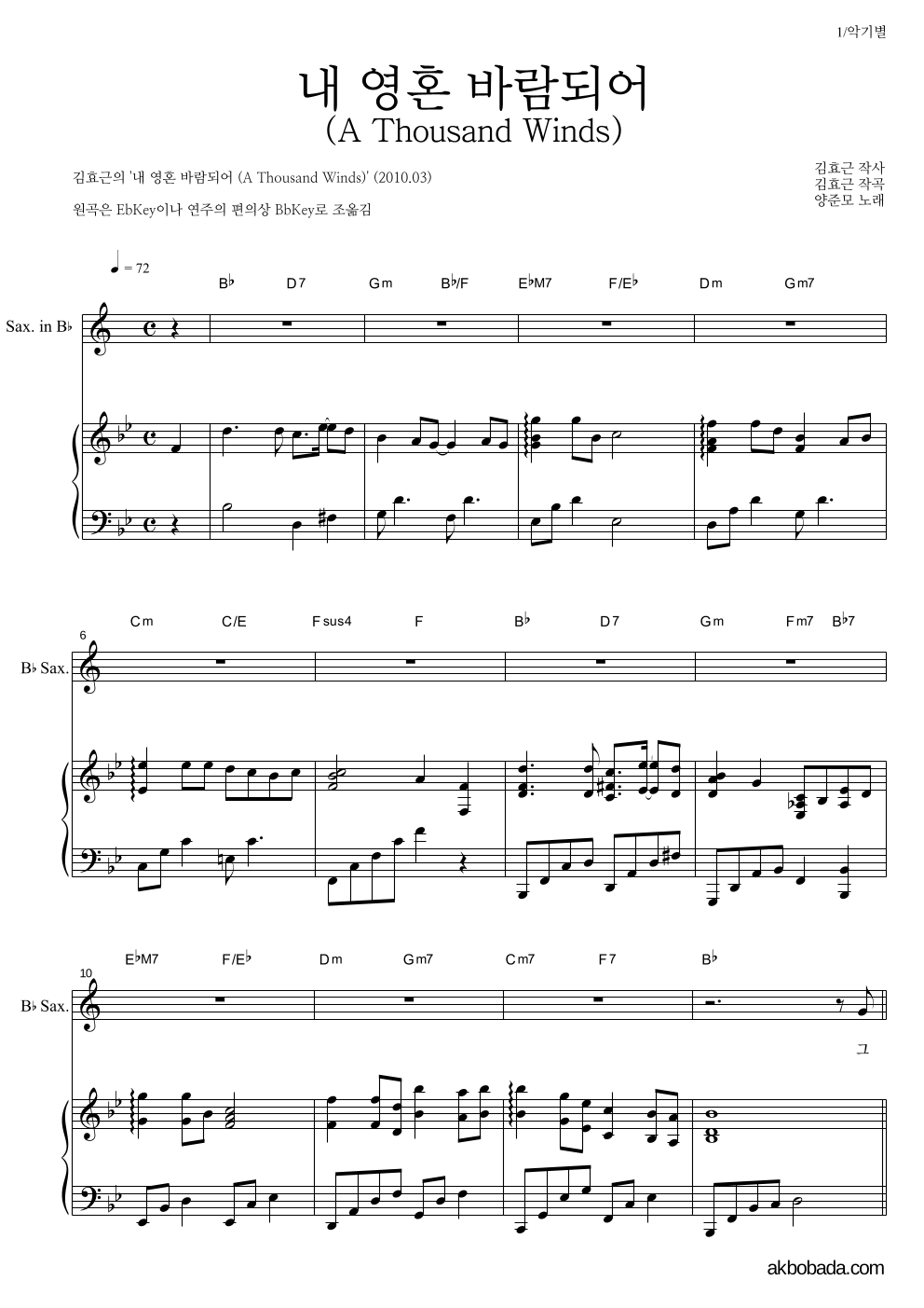 김효근,양준모 - 내 영혼 바람되어 (A Thousand Winds) Bb색소폰&피아노 악보 