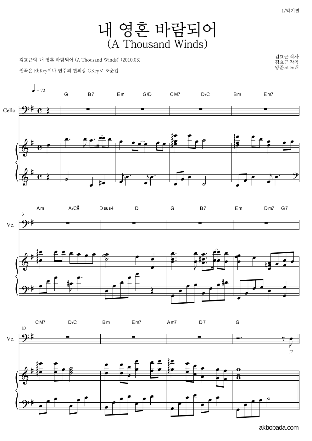 김효근,양준모 - 내 영혼 바람되어 (A Thousand Winds) 첼로&피아노 악보 