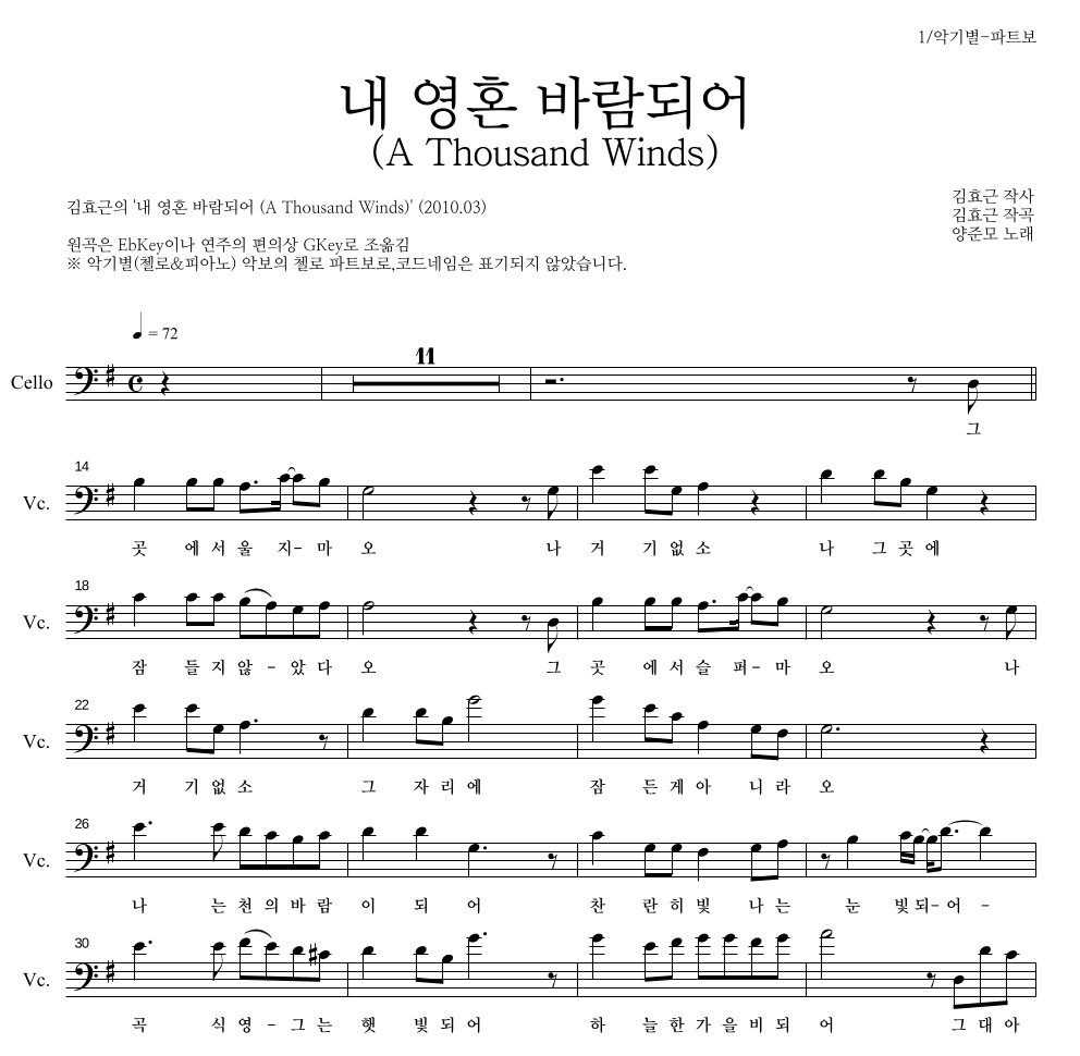 김효근,양준모 - 내 영혼 바람되어 (A Thousand Winds) 첼로 파트보 악보 