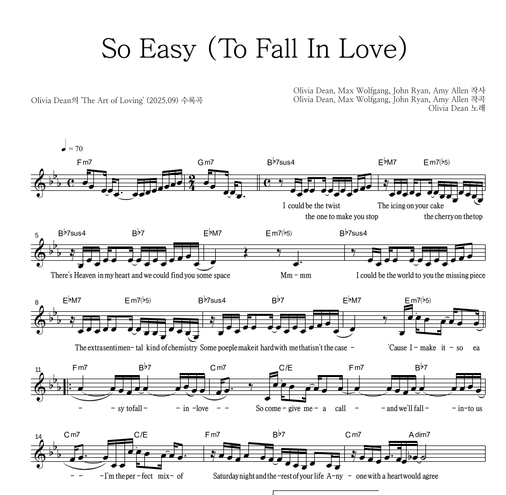 Olivia Dean - So Easy (To Fall In Love) 멜로디 악보 