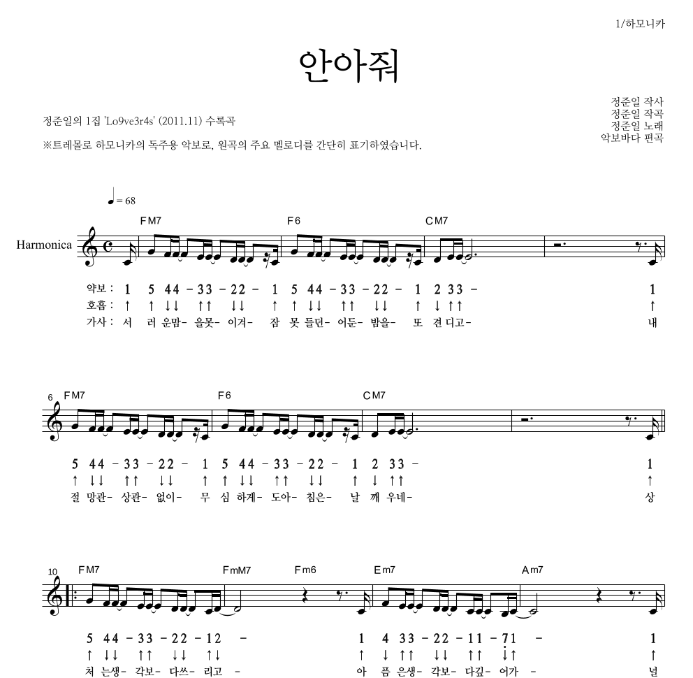 정준일 - 안아줘 하모니카 악보 