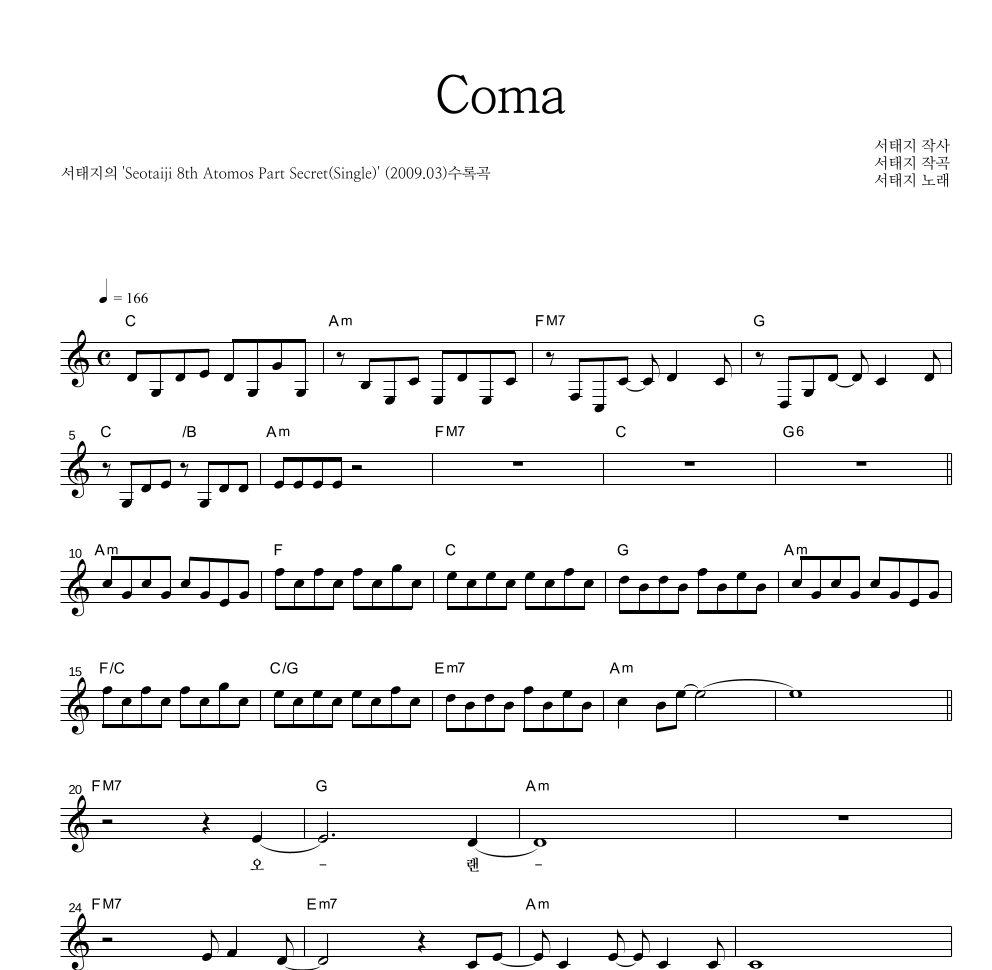 서태지 - Coma 멜로디 악보 