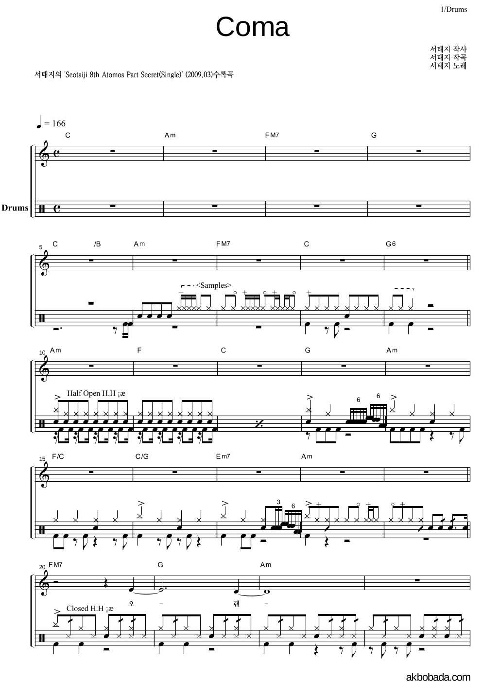 서태지 - Coma 드럼 악보 