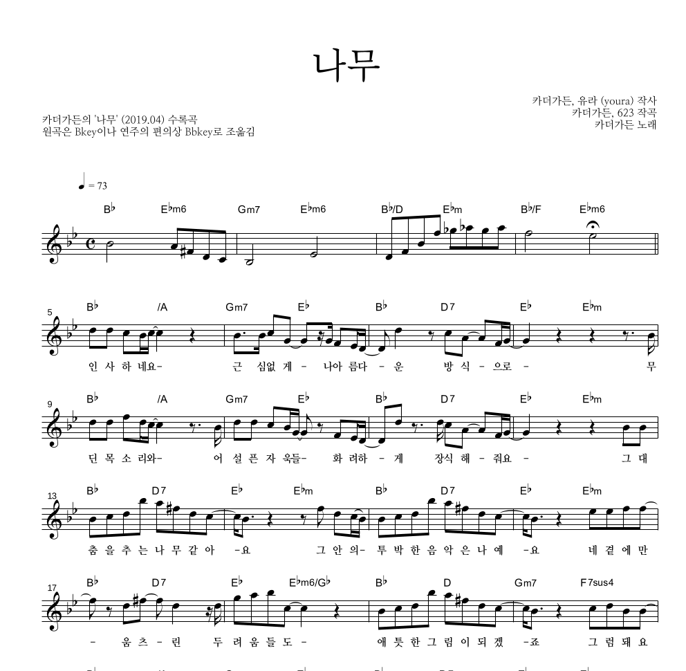 카더가든 - 나무 멜로디 악보 