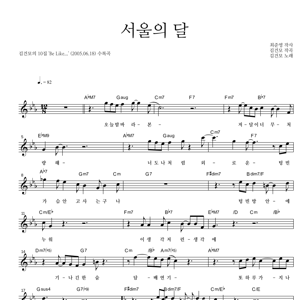 김건모 - 서울의 달 멜로디 악보 