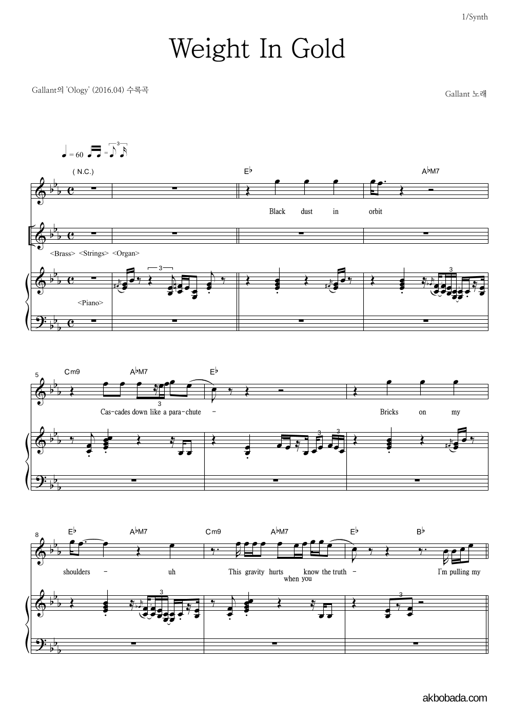 Gallant - Weight In Gold 건반 악보 