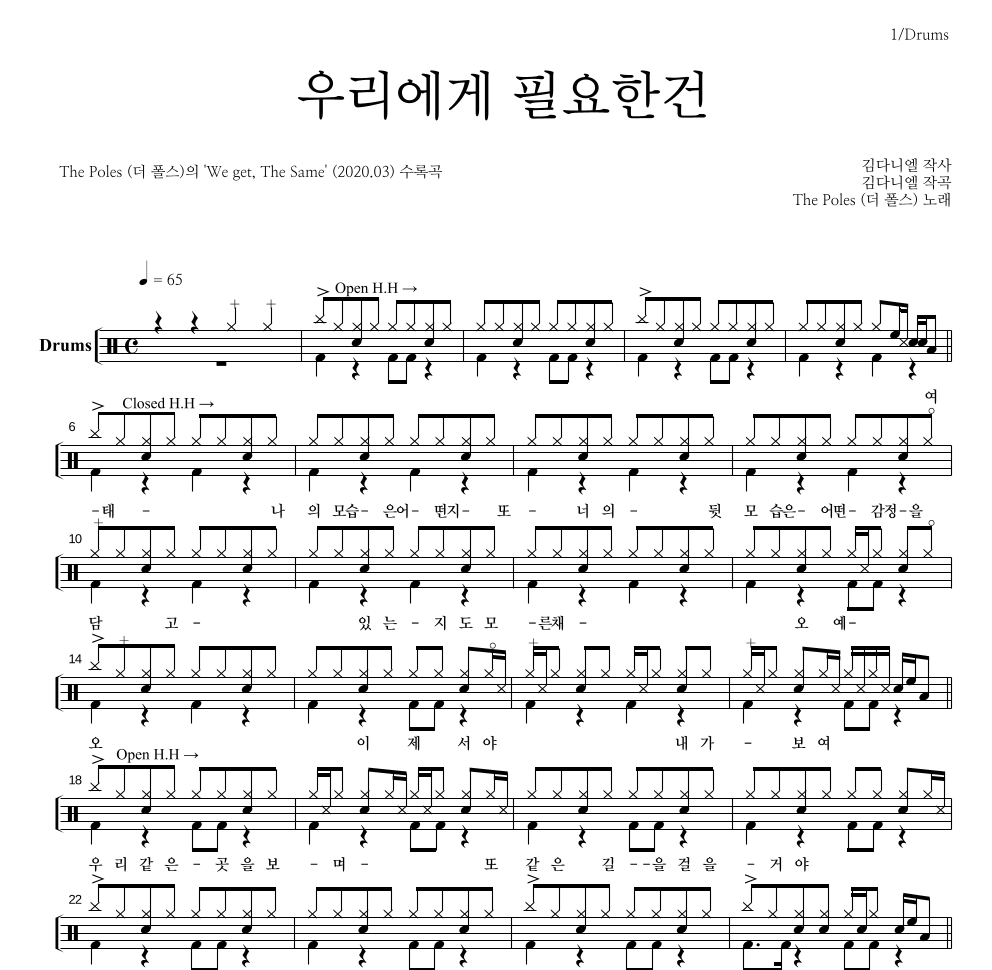 더 폴스 - 우리에게 필요한건 드럼(Tab) 악보 