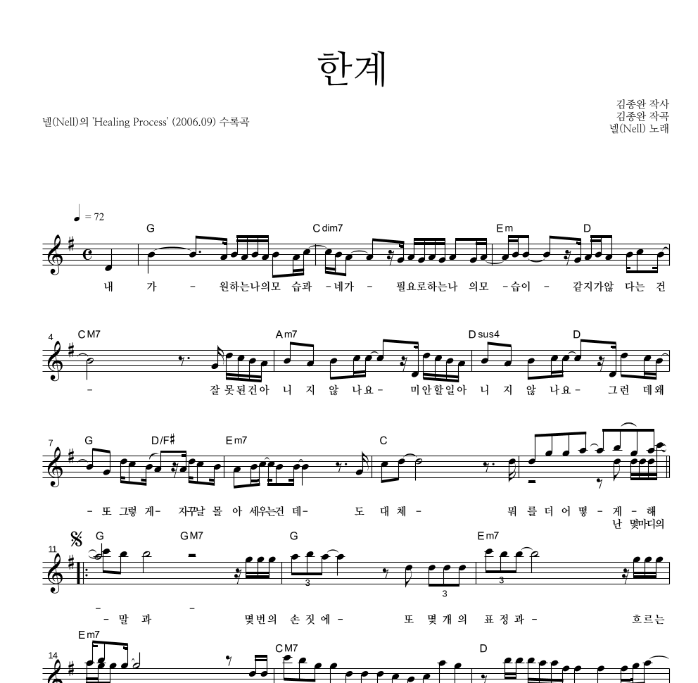 넬(Nell) - 한계 멜로디 악보 