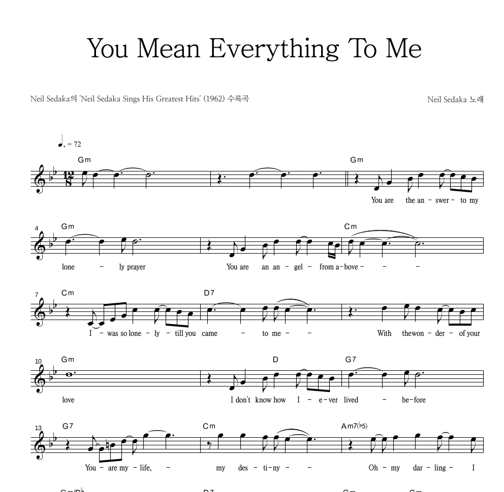 Neil Sedaka - You Mean Everything To Me 멜로디 악보 