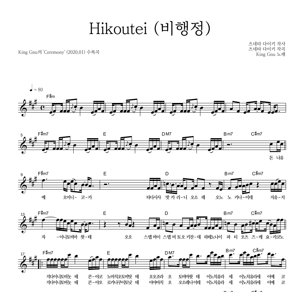 King Gnu - Hikoutei(비행정) 멜로디 악보 